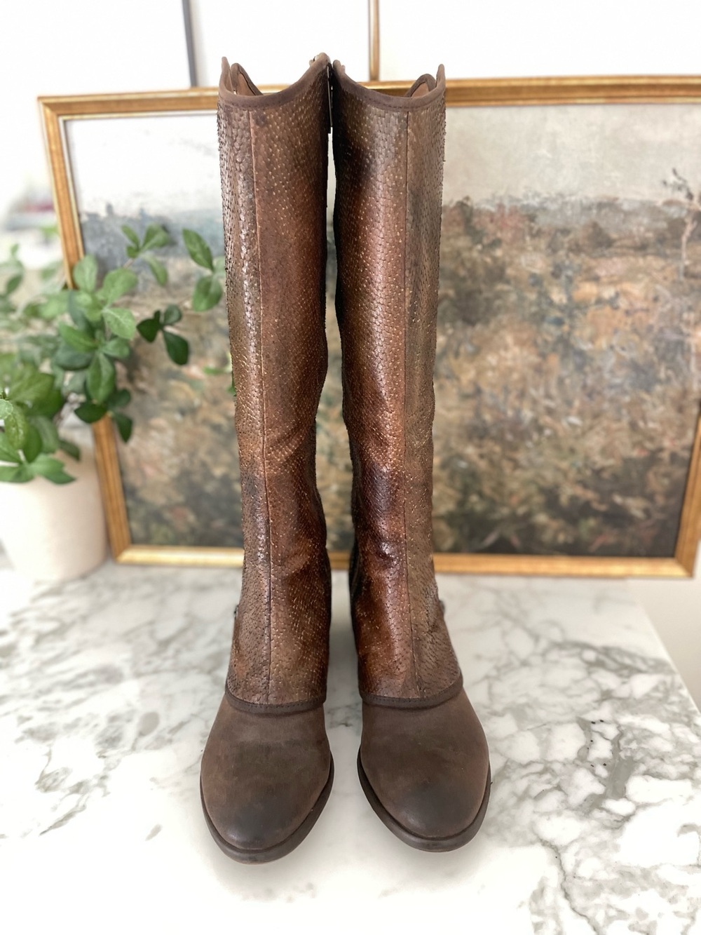 Donald Pliner Devi Brown Leather Snake Skin Distressed Knee High Boots Size 8 - Picture 3 of 10